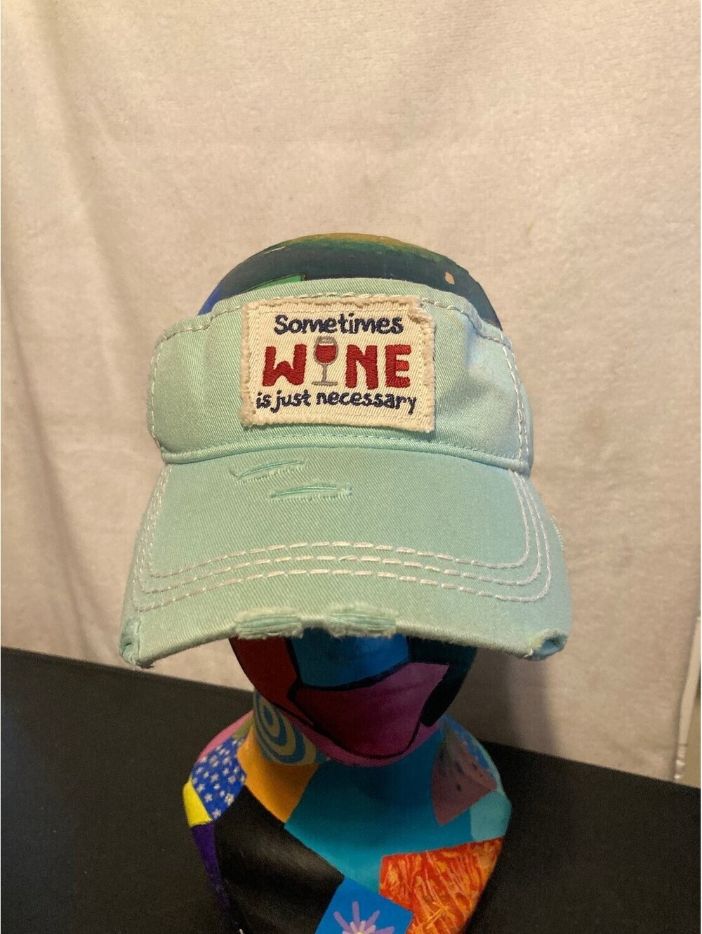 Vintage KBETHOS Women Visor Hat Light Blue Distressed Cotton Twill Wine Glass
